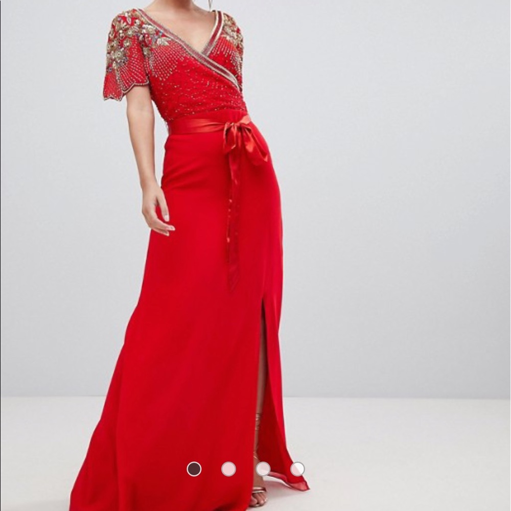 Red Wrap Maxi Dress With Embellishment